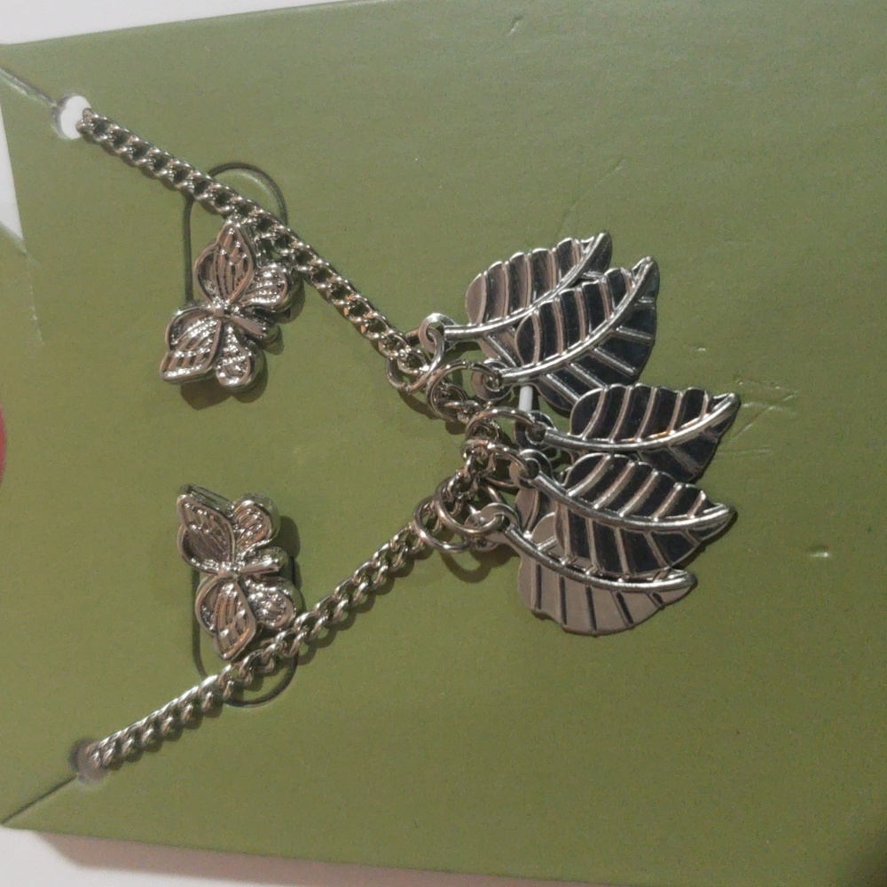 Silver-Tone Leaf Charm Necklace & Butterfly Stud Earrings Set – Nature Jewelry - Picture 7 of 9